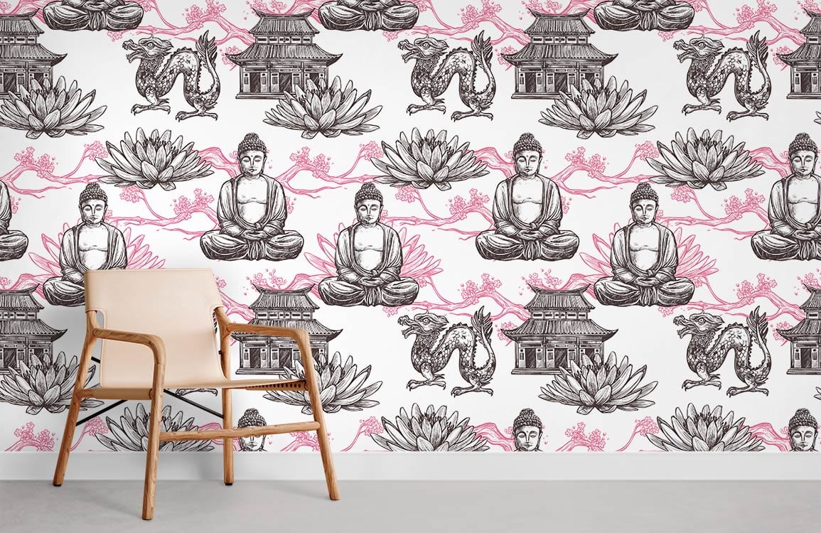 Zen Harmony oriental pattern wallpaper in pink and grey, with light wooden chair, minimalist decor.