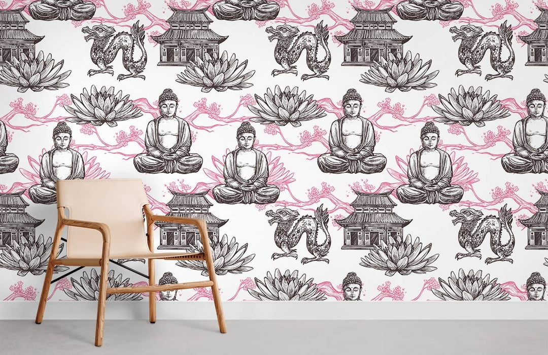 Zen Harmony oriental pattern wallpaper in pink and grey, with light wooden chair, minimalist decor.