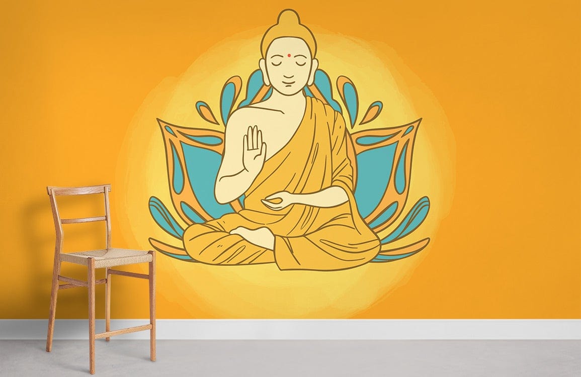 Serene Buddha mural in vibrant tones, orange chair, white flooring, bright meditation room ambiance.