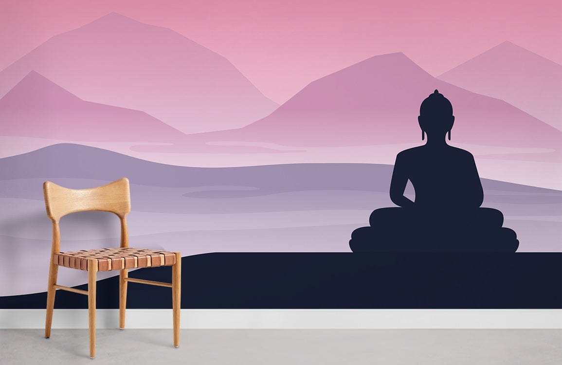 Sublime Meditative Mountain Wallpaper in pink-purple tones. Wooden chair, serene room aesthetic, minimalist decor.