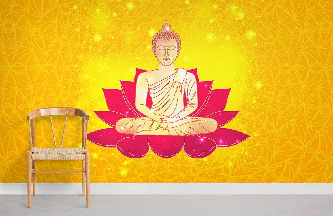 Serene Buddha Meditation Mural Wallpaper in yellow with chair, vibrant lotus design, serene room setting.