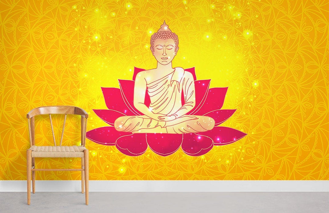Serene Buddha Meditation Mural Wallpaper in yellow with chair, vibrant lotus design, serene room setting.