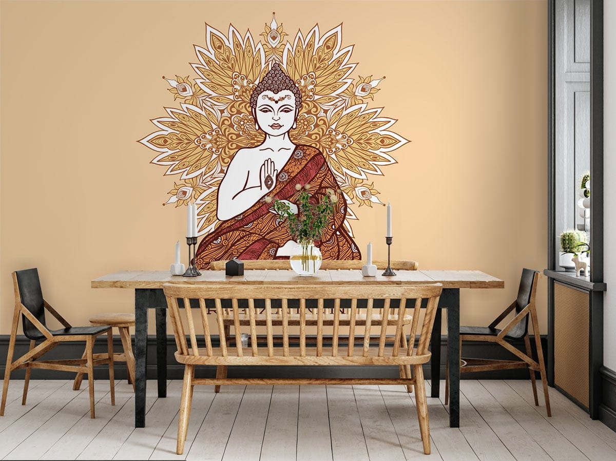 Buddha mandala mural in dining room, featuring neutral walls, wooden furniture, and minimalist decor.
