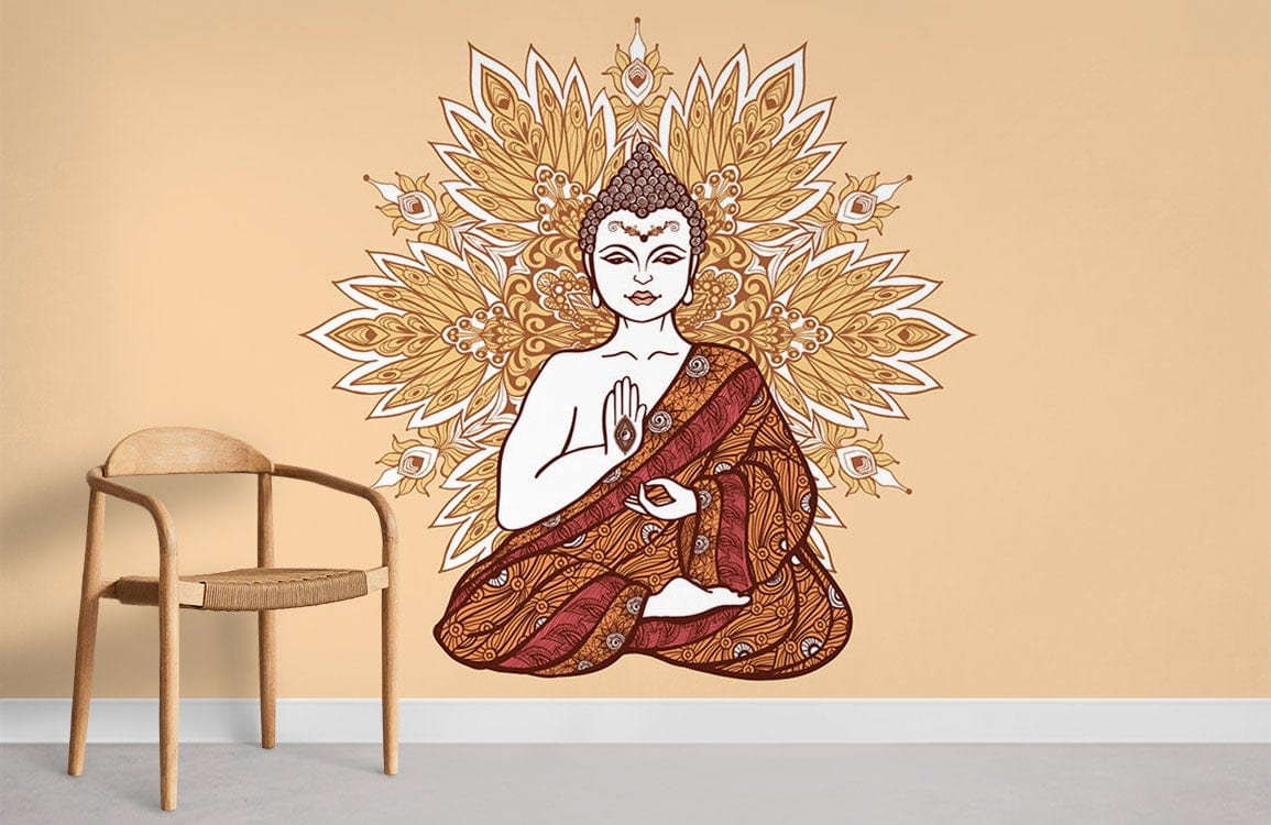 Buddha Mandala mural in gold and maroon, neutral wall, wooden chair, light grey flooring.