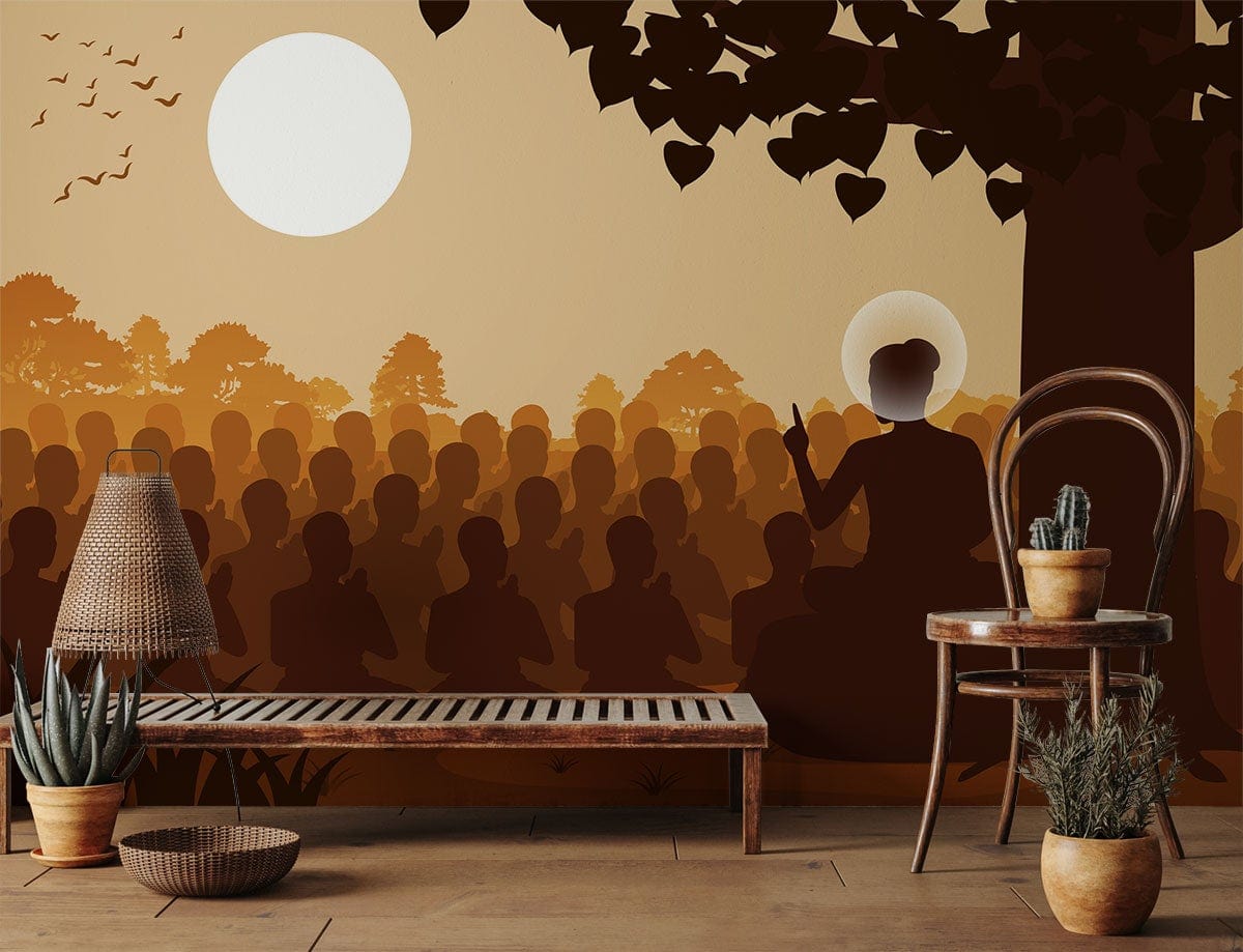 Serene Meditation Scene Mural Wallpaper, earthy tones, wooden bench, warm room setting, peaceful decor.