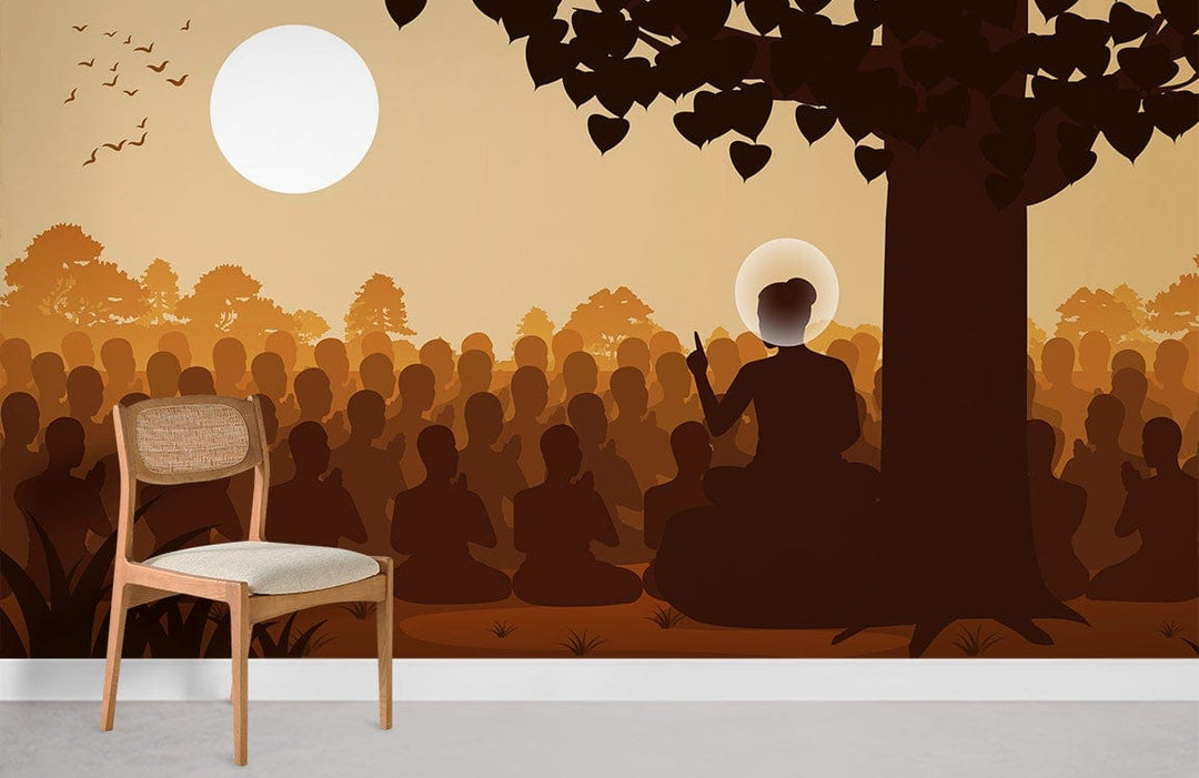 Serene wallpaper mural featuring meditation scene; warm earthy tones; elegant chair; minimalist white wall.