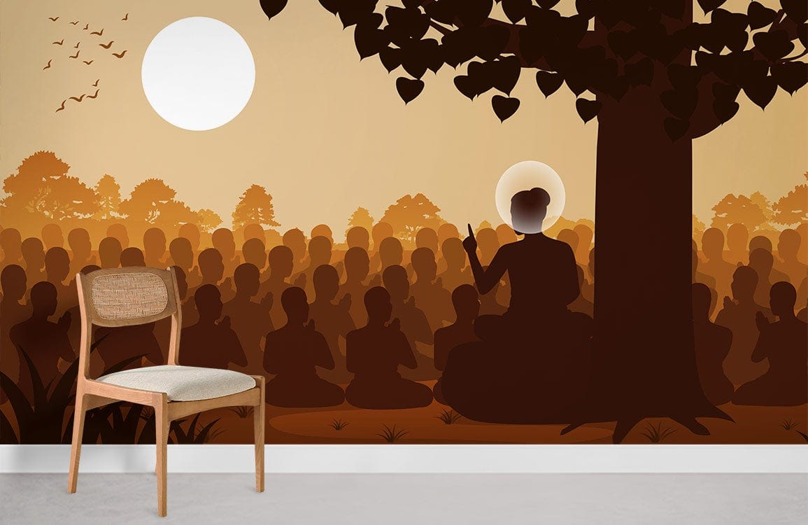 Serene wallpaper mural featuring meditation scene; warm earthy tones; elegant chair; minimalist white wall.
