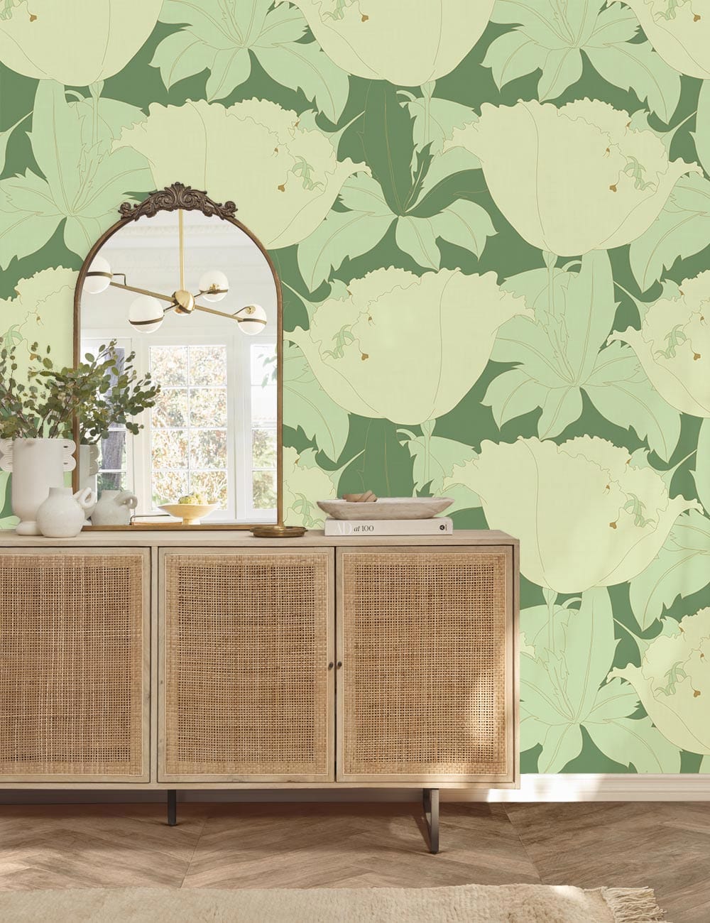 Sage green floral wallpaper, botanical design, wicker cabinet, elegant mirror, wood flooring, living room.