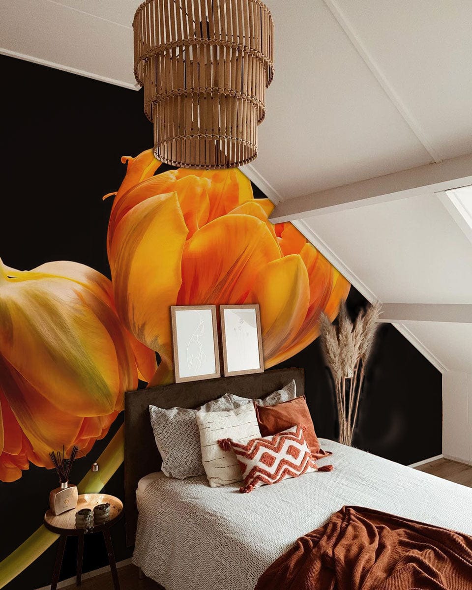 Bedroom with vibrant orange tulip mural wallpaper, contemporary design, wooden bed and neutral bedding.