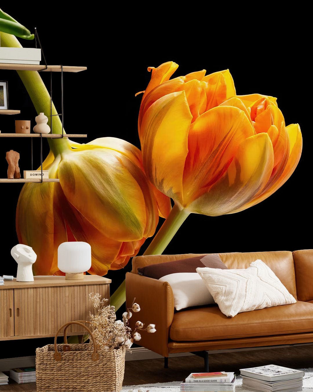 Vibrant Orange Tulip Mural Wallpaper with leather sofa and wooden cabinet in contemporary living room.