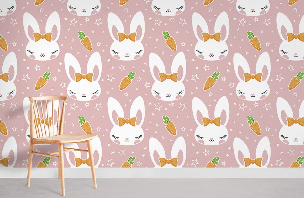 Adorable Pink Bunny and Carrot Kids' Wallpaper UK in nursery with wooden chair and grey flooring.