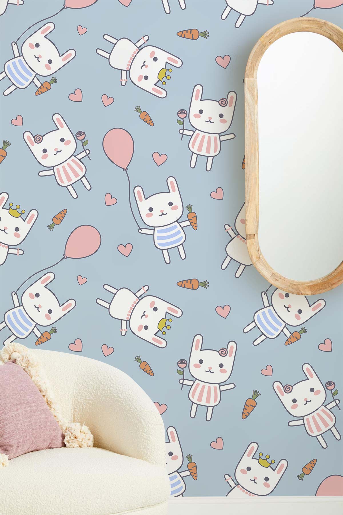 Charming Pastel Woodland Animals Blue Nursery Wallpaper with beige chair, mirror, adorable animal design.
