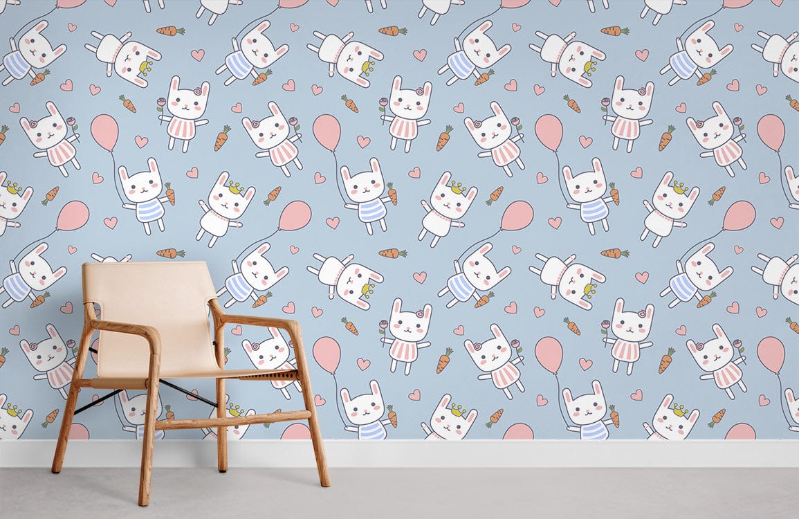 Charming pastel woodland animals playful blue children's nursery wallpaper, light wooden chair, grey flooring.