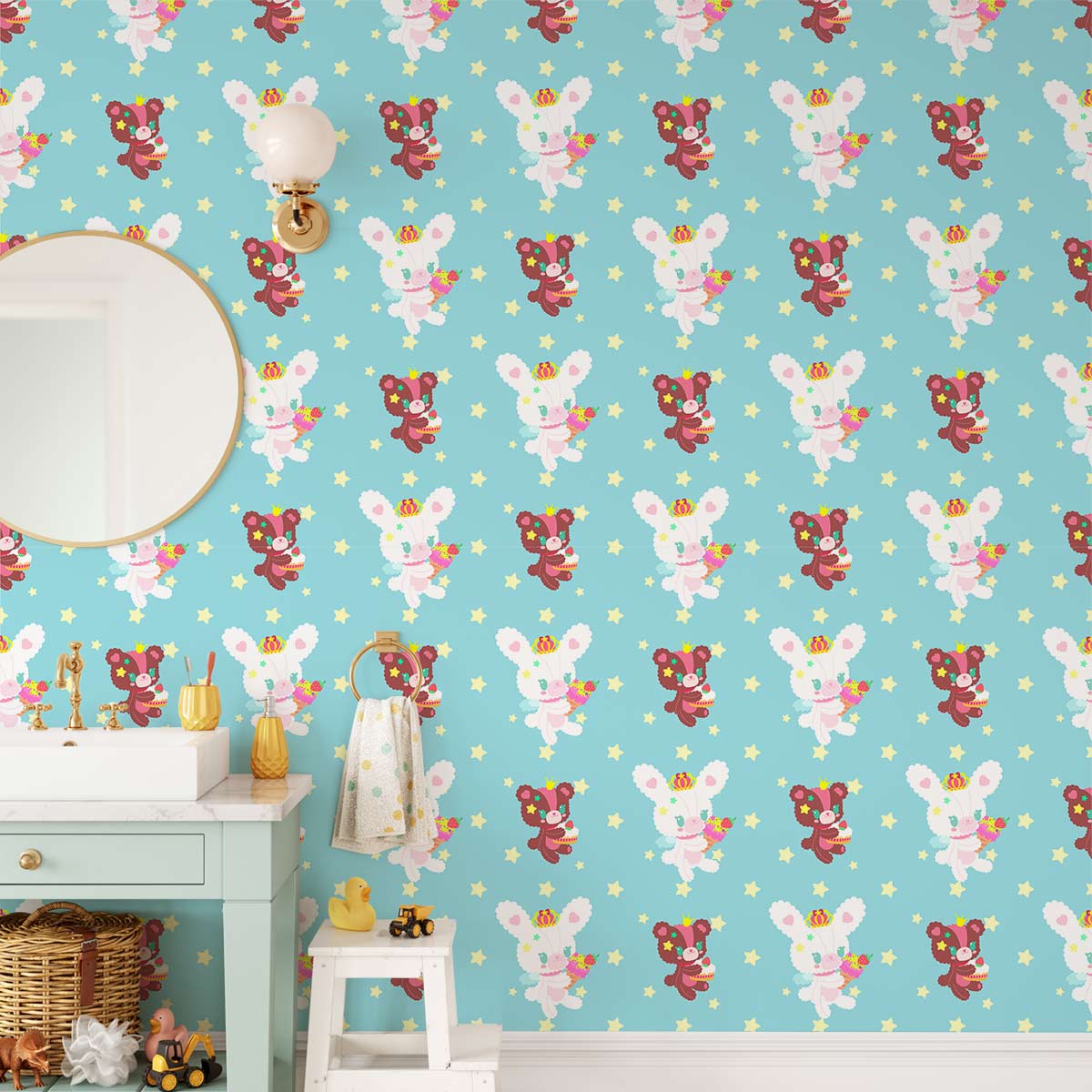 Charming pastel teddy bear wallpaper in kids' bathroom with teal vanity, round mirror, wall light fixture.