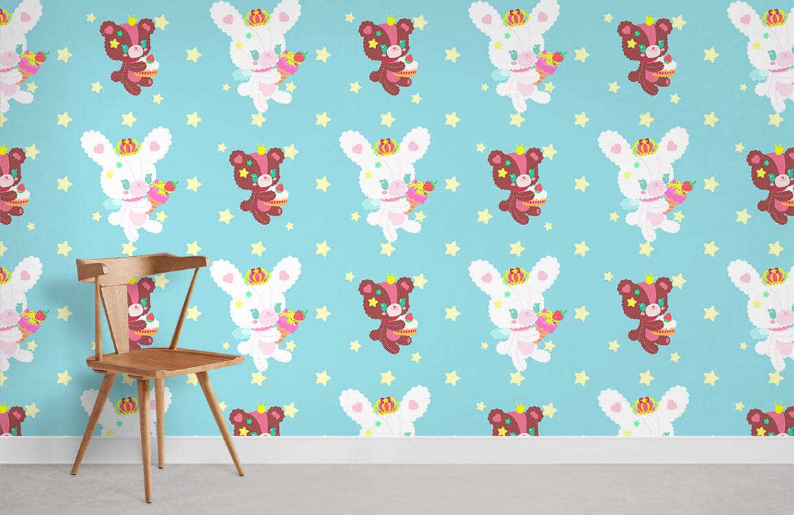 Charming Pastel Teddy Bear Pattern Wallpaper, kids' room, wooden chair, blue theme, delightful decor.