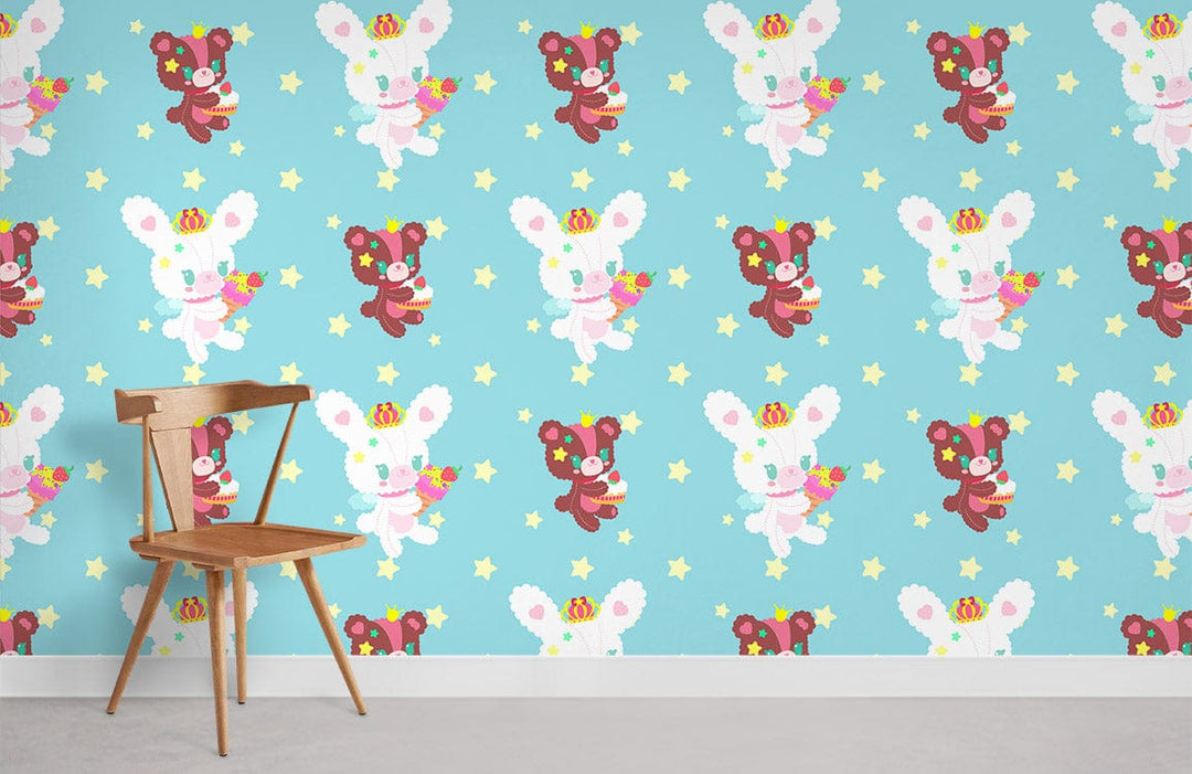 Charming Pastel Teddy Bear Pattern Wallpaper, kids' room, wooden chair, blue theme, delightful decor.