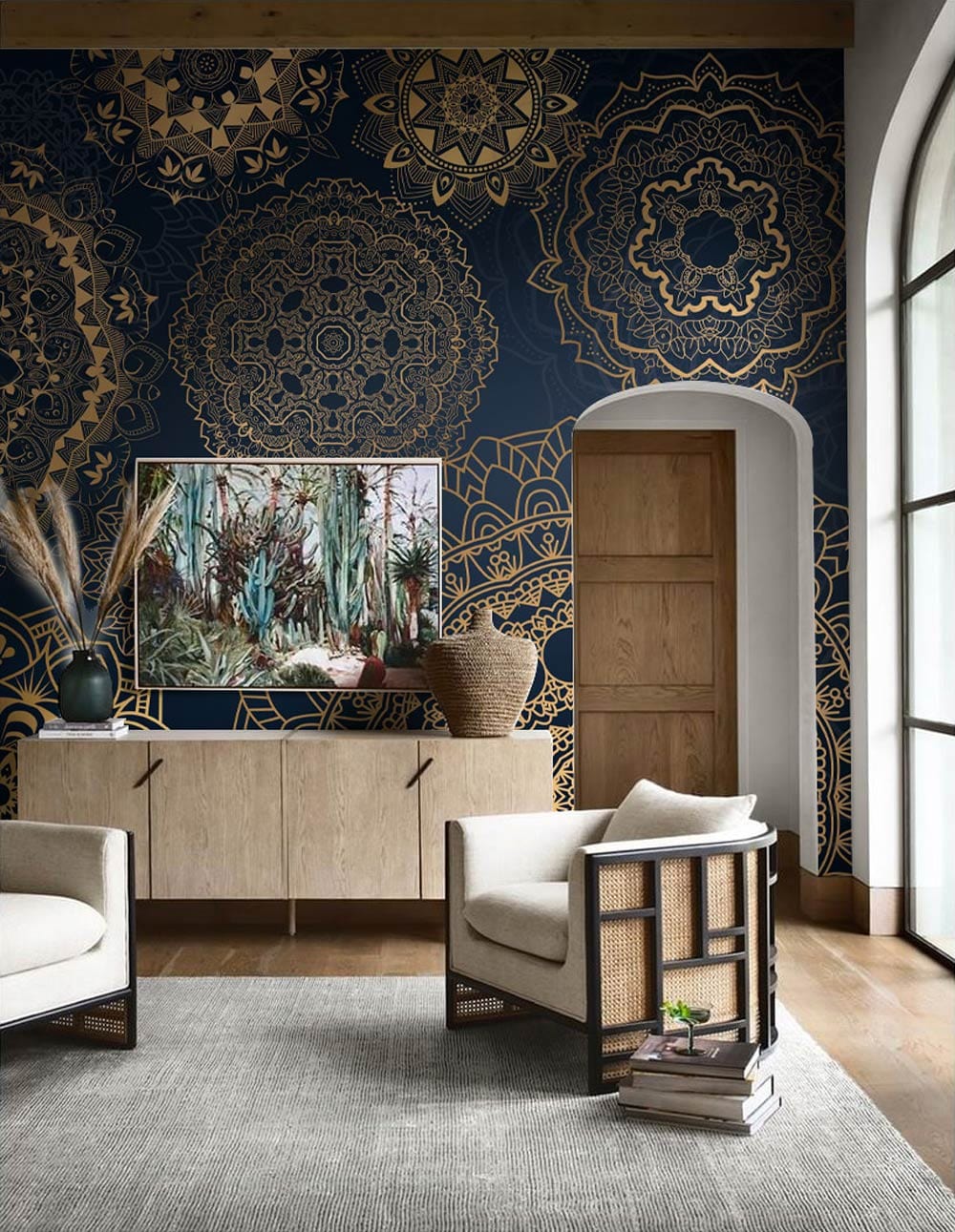Elegant Gold Mandala Dark Blue Wallpaper, modern interiors, beige armchairs, wooden door, light rug.