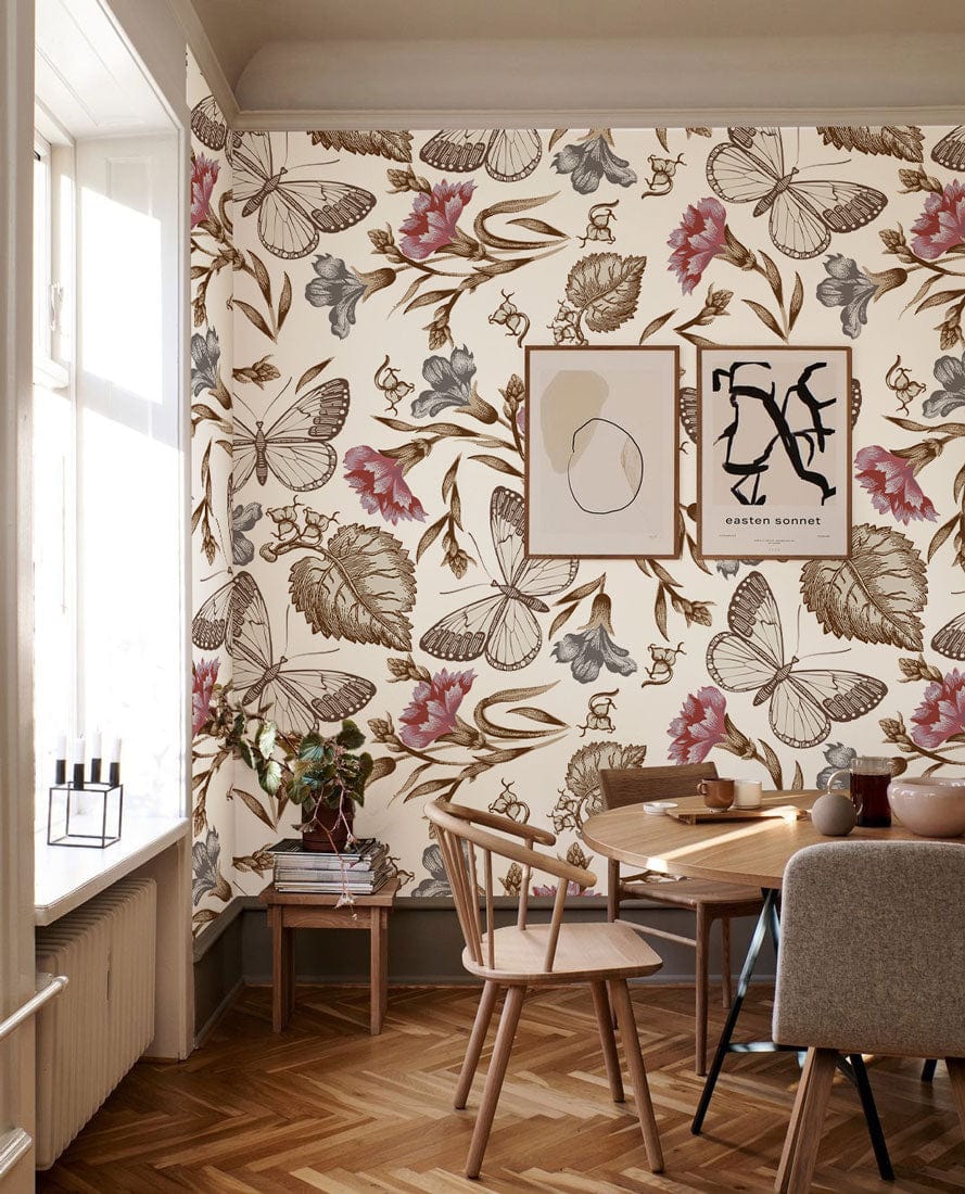 Elegant Vintage Floral and Butterfly Wallpaper with wooden floor, modern chairs, and artistic wall frames.