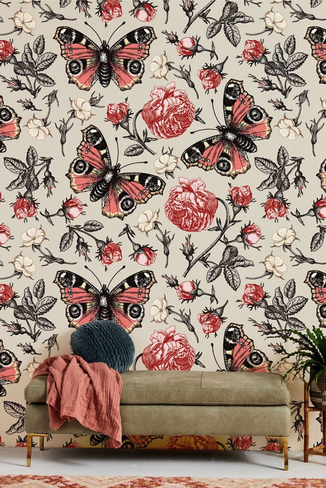 Vintage botanical wallpaper with butterfly and floral design, elegant cream backdrop, velvet sofa, cosy rug.