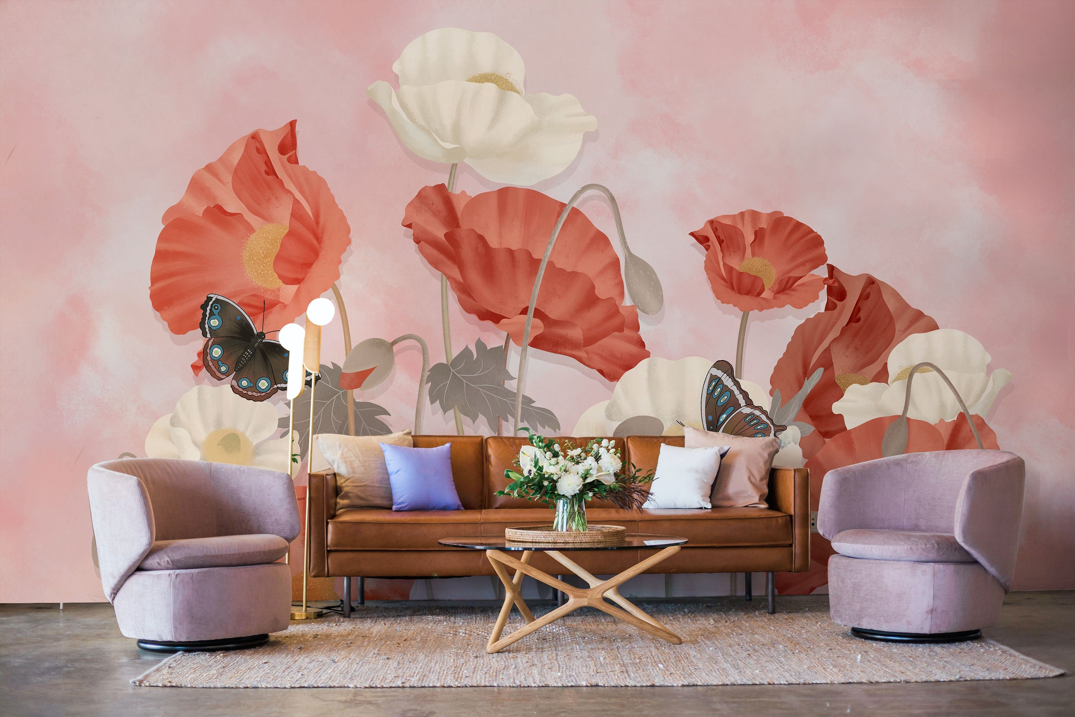 Charming Pink Floral and Butterfly Mural Wallpaper - Elegant Poppy ...