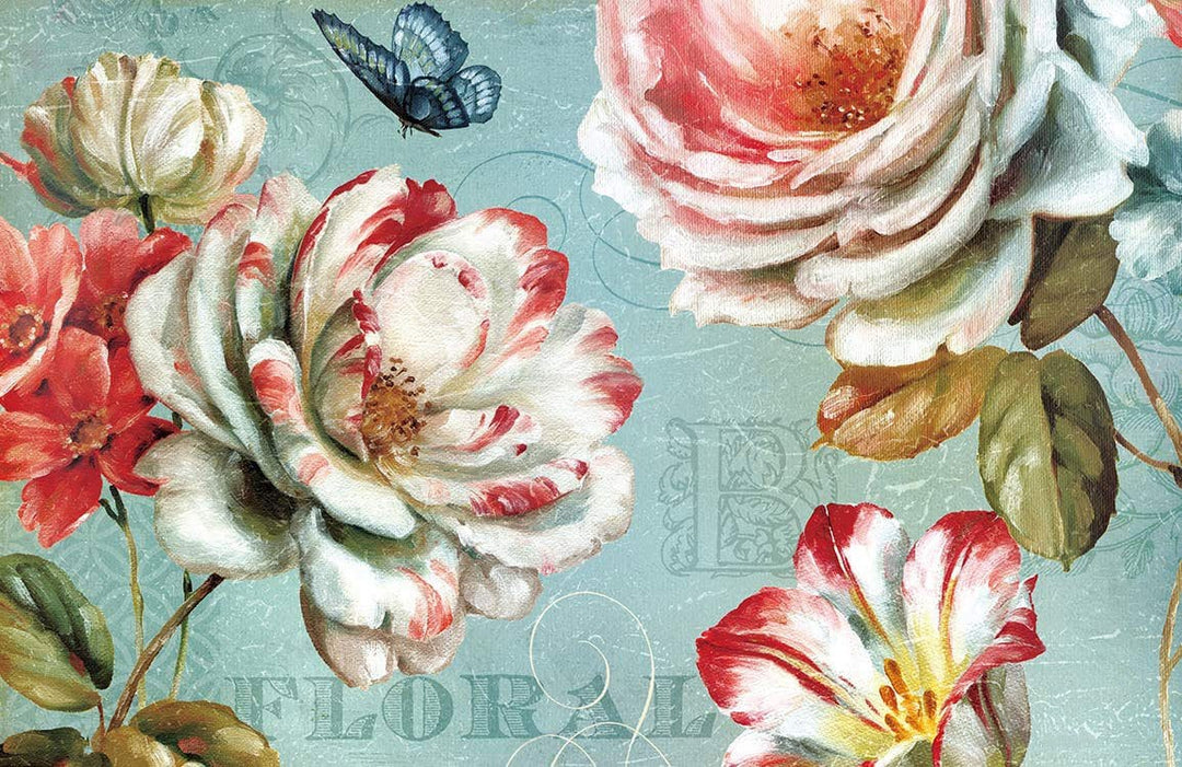 Vintage Floral Mural Wallpaper with Butterflies - Elegant Pastel Green Design