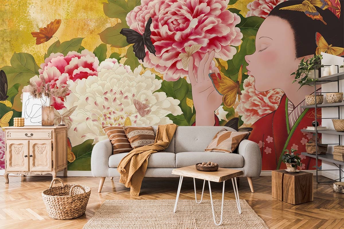Elegant Oriental floral mural wallpaper with butterflies in living room featuring grey sofa and wooden flooring.