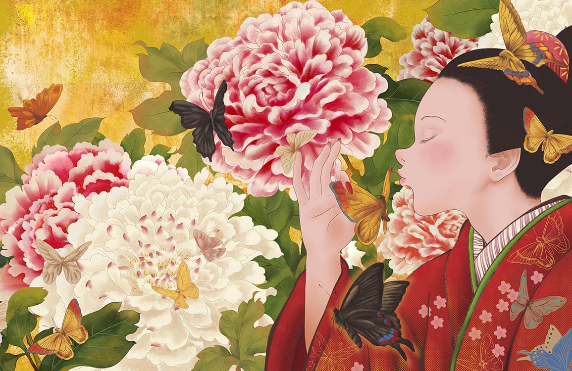 Elegant Oriental Floral Mural Wallpaper with Butterflies in Rich Colours