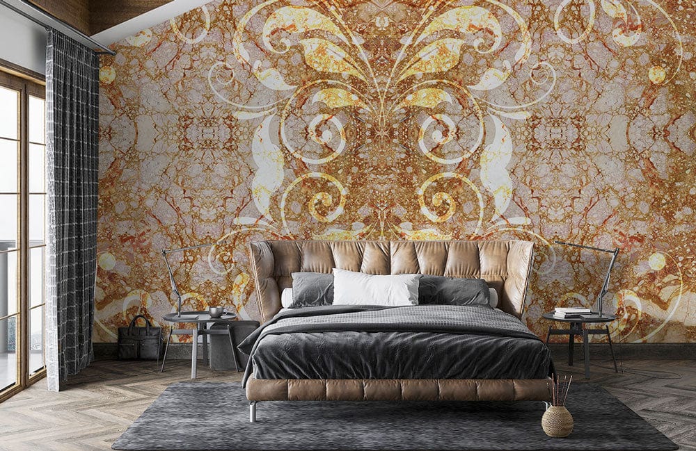 Marble pattern mural wallpaper with gold accents in stylish bedroom featuring grey rug and tufted headboard.
