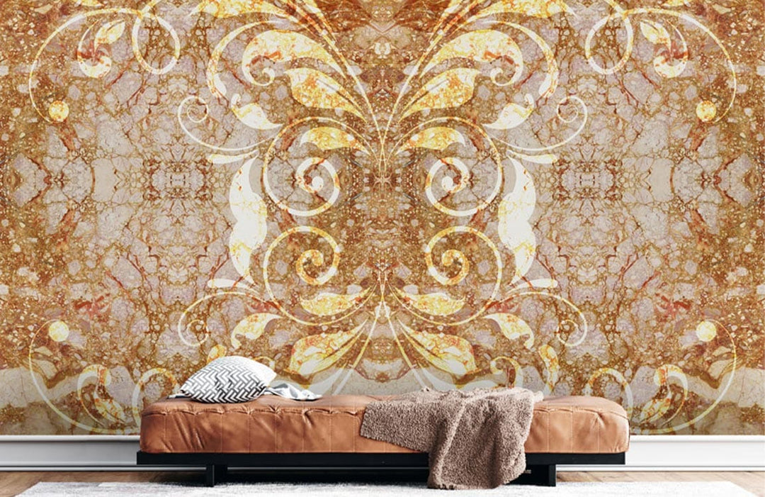 Elegant gold marble mural wallpaper in living room, brown leather sofa, neutral flooring, luxurious decor.