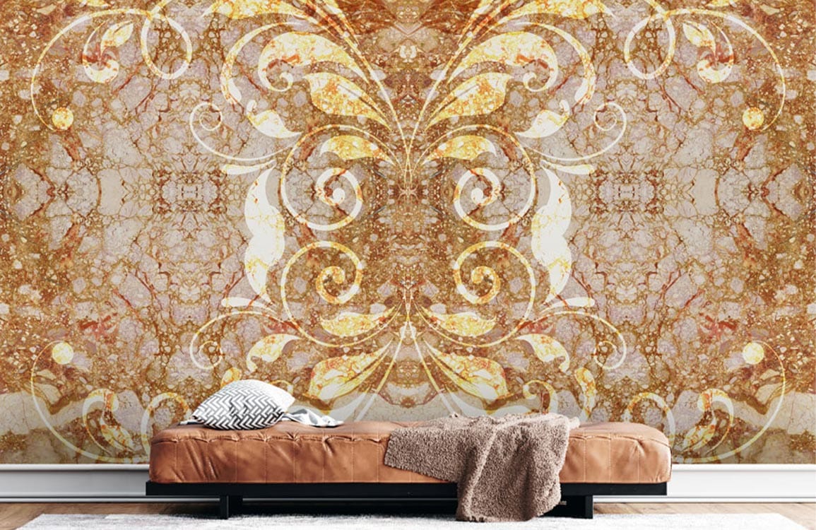 Elegant gold marble mural wallpaper in living room, brown leather sofa, neutral flooring, luxurious decor.