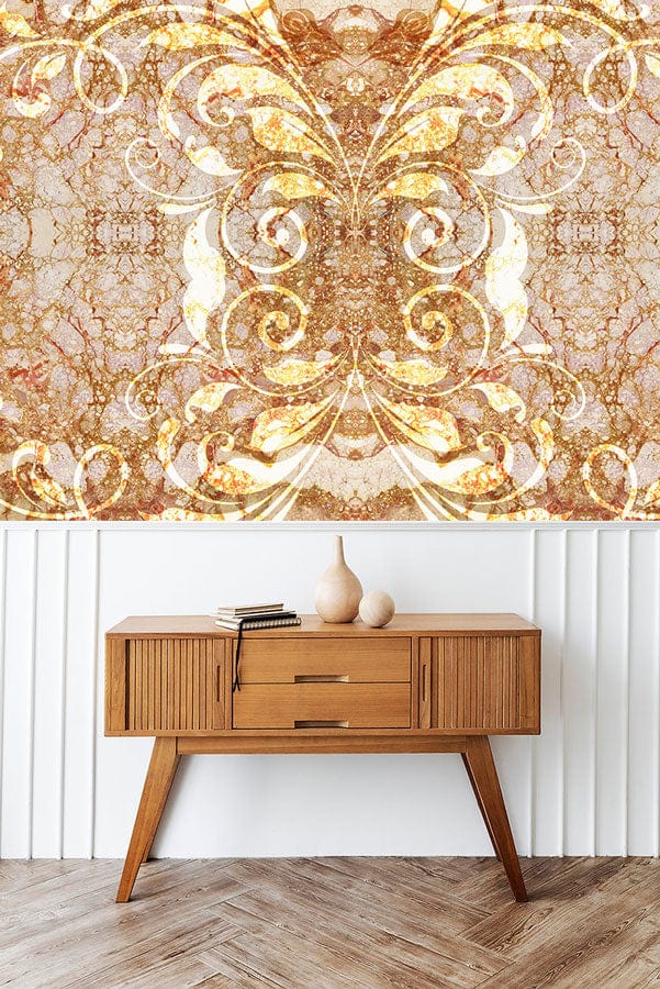 Elegant Gold and White Marble Mural Wallpaper with wooden console table and herringbone flooring.