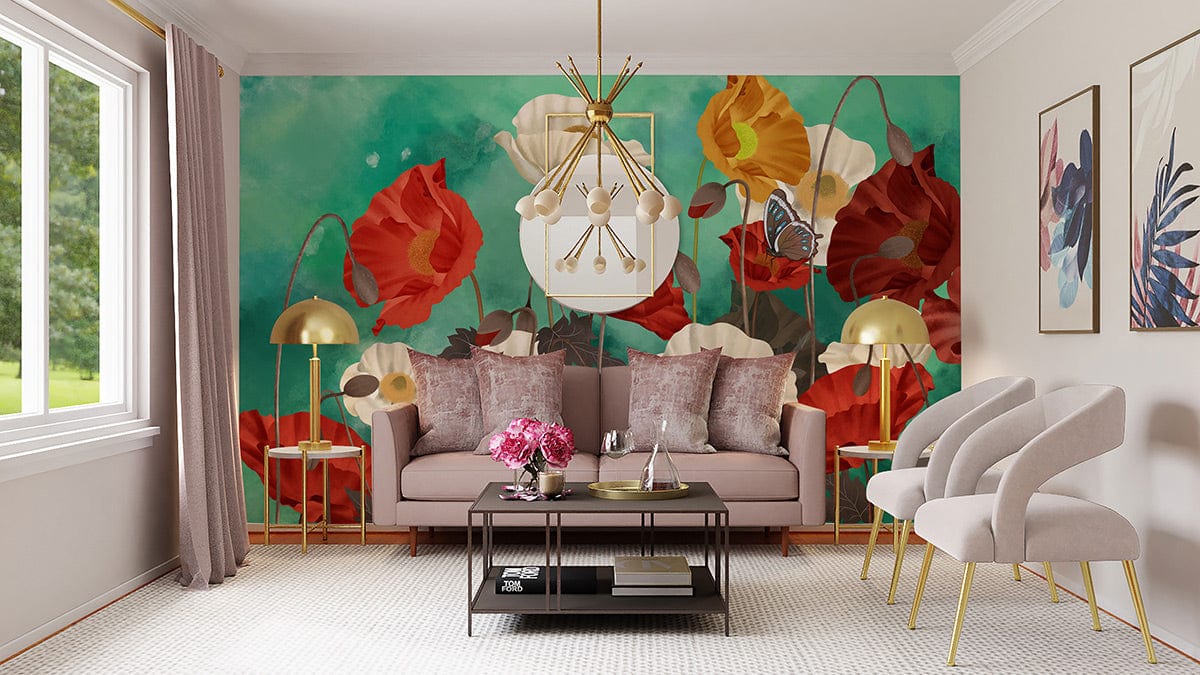 Vibrant poppy flower mural wallpaper with butterflies; modern room with beige sofa, decorative lighting.