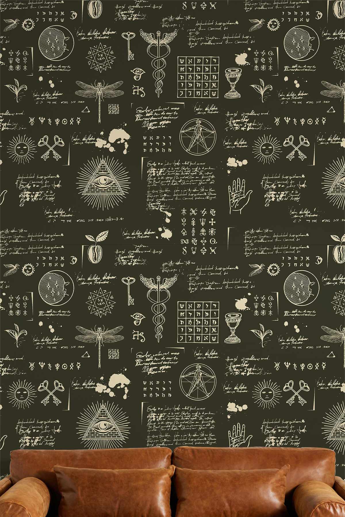 Leather sofa, Vintage Charcoal Mystical Symbols Mural Wallpaper by Alchemy Design Décor, mystical wall art.