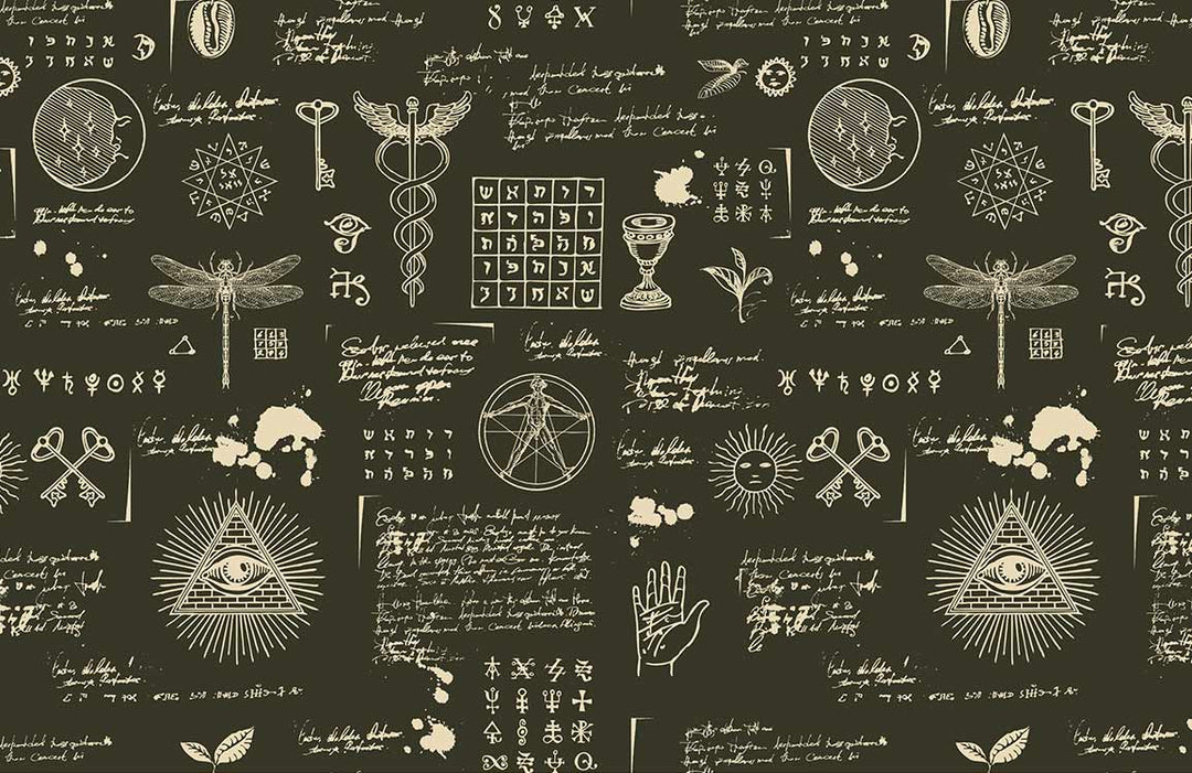 Vintage Charcoal Mystical Symbols Mural Wallpaper - Alchemy Design Décor