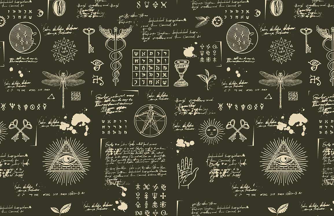 Vintage Charcoal Mystical Symbols Mural Wallpaper - Alchemy Design Décor