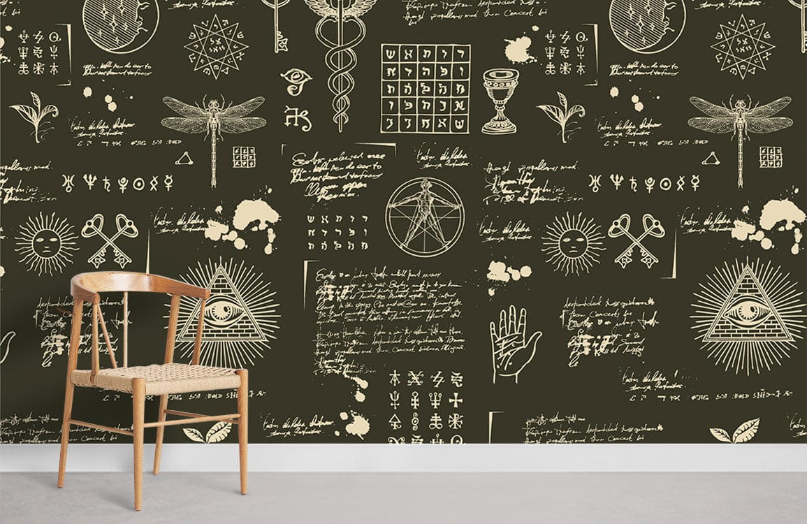 Vintage Charcoal Mystical Symbols Mural Wallpaper by Alchemy Design Décor, wooden chair, concrete flooring.