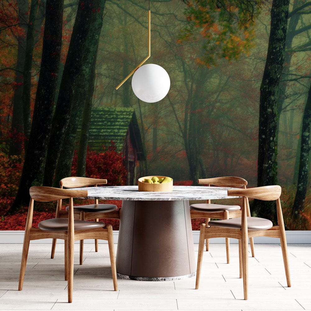Enchanted Autumn Woodland Retreat: Misty Red Forest Scene Mural Wallpaper