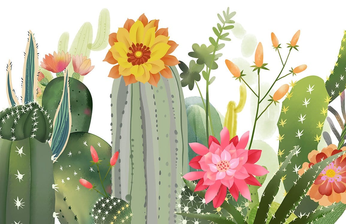 Vibrant Floral Cactus Garden Mural Wallpaper - Tropical Botanical Design Decor