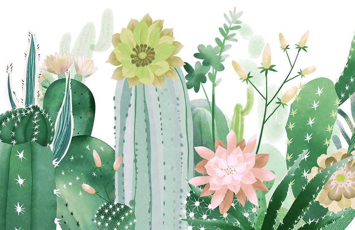 Watercolour Cactus Garden Mural Wallpaper in Green and Pastel Hues