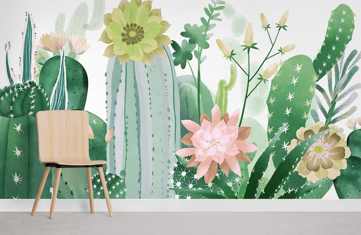 Watercolour Cactus Garden Mural Wallpaper, green and pastel, wooden chair, grey flooring, modern room design.