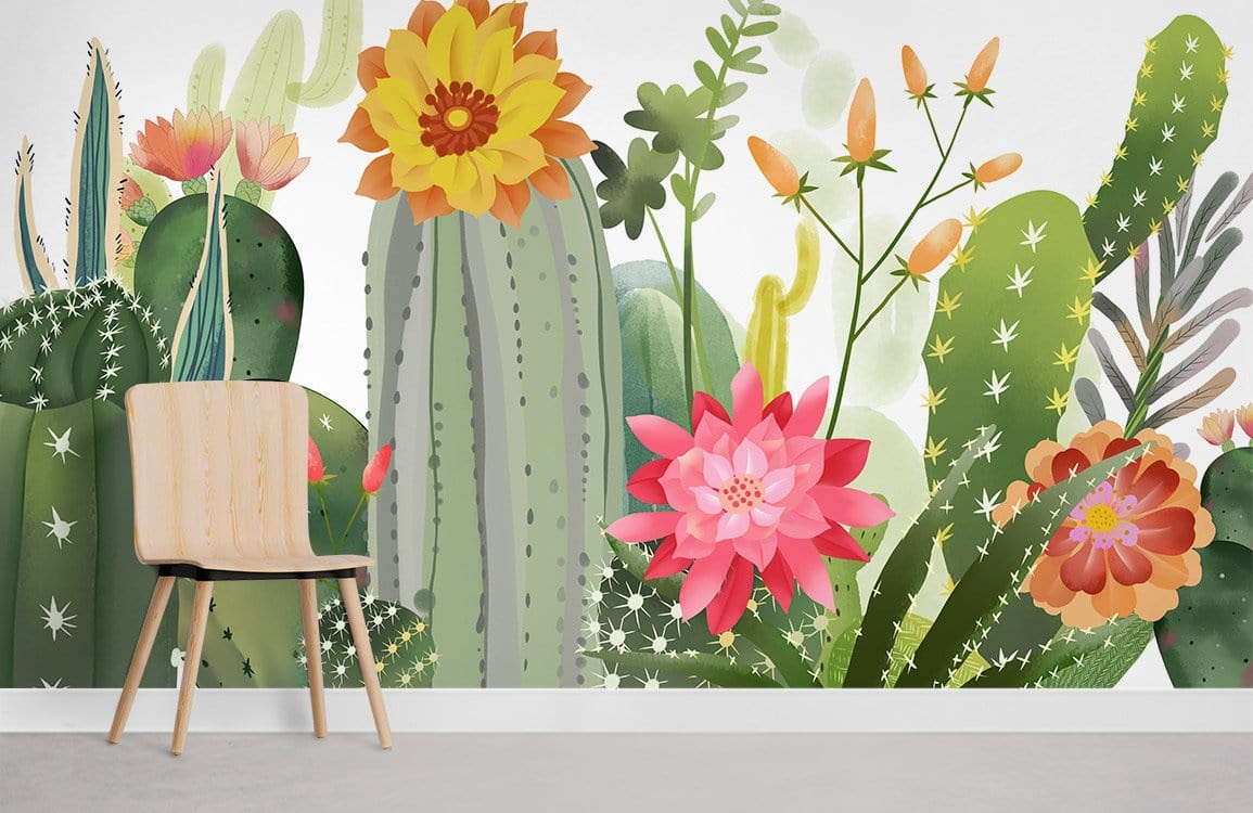 Cactus and Flower Wallpaper Mural Room