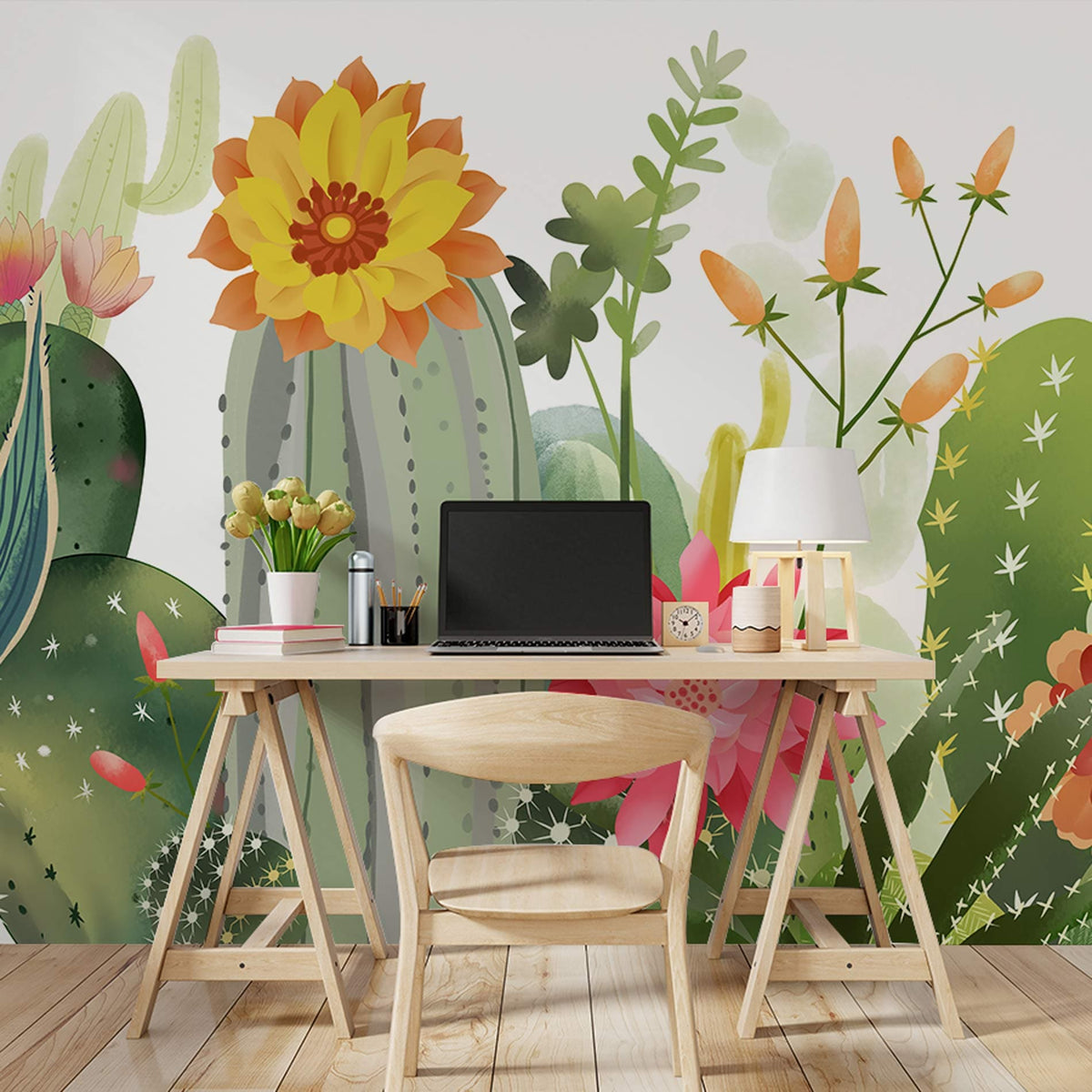 Colourful cactus wallpaper mural in modern office with wooden desk, chair, and light wood flooring.