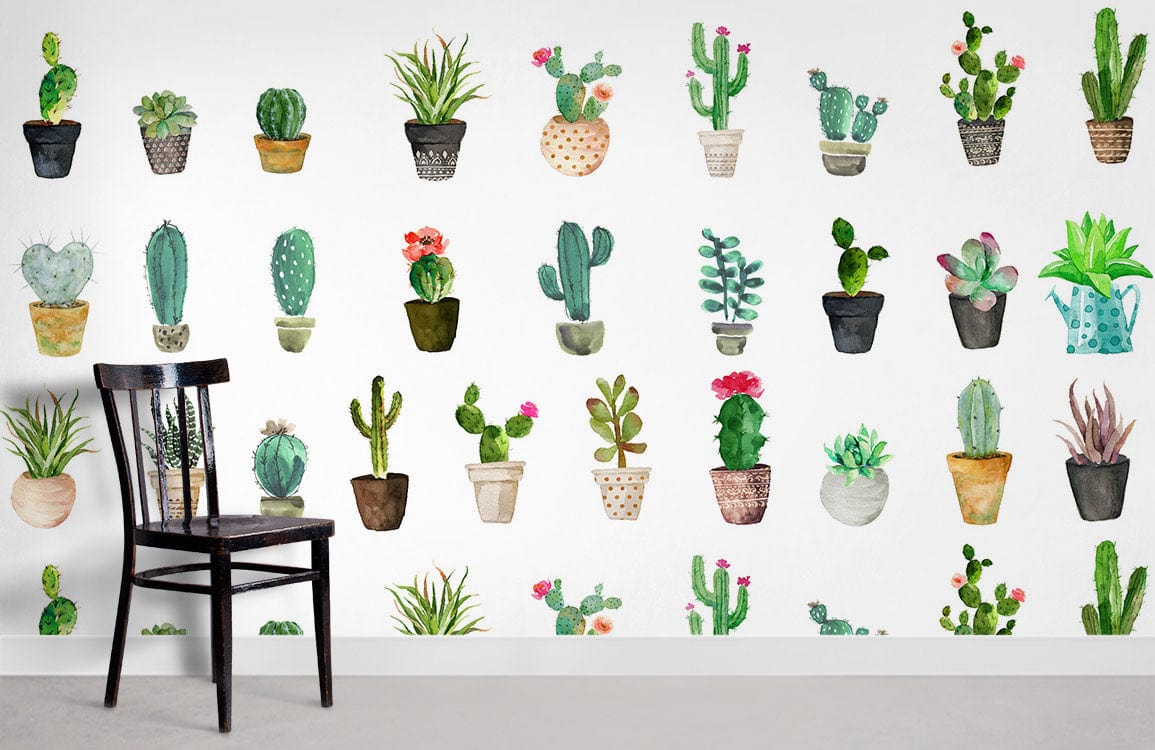 Charming cactus wallpaper with vibrant botanical design, featuring black chair, grey flooring in minimalist setting.