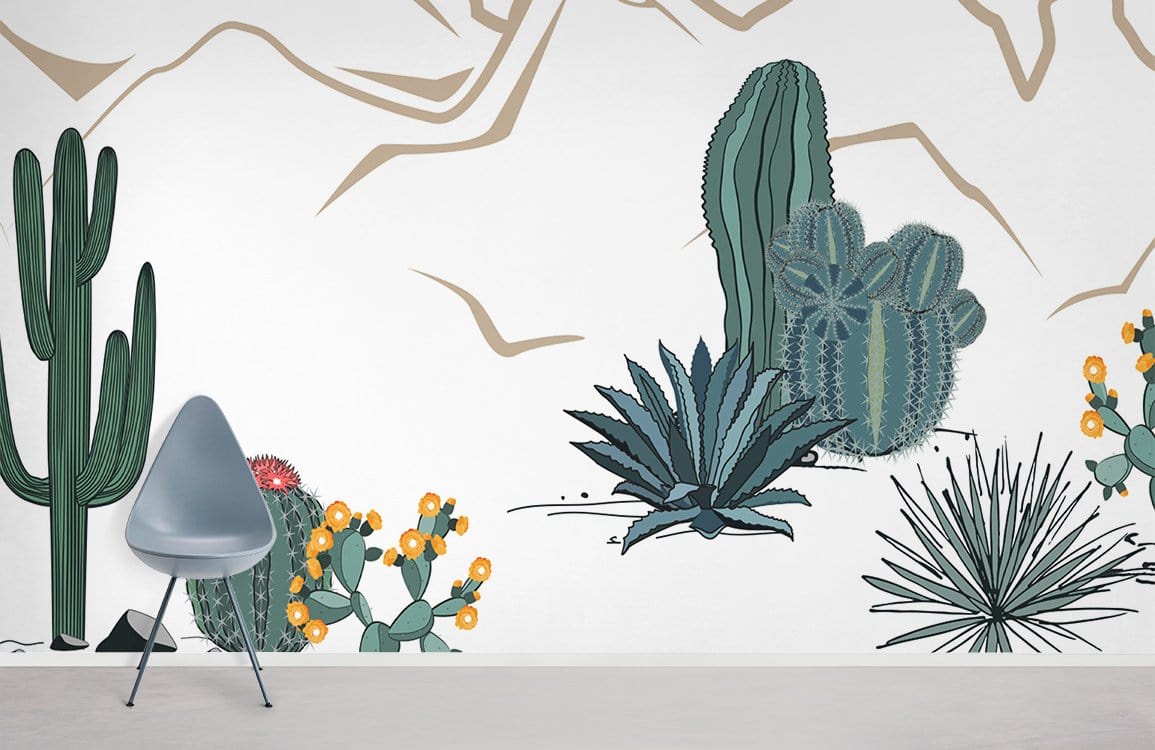 Cactus desert wallpaper with green beige illustrations, eco-friendly design, grey chair, minimalist room.