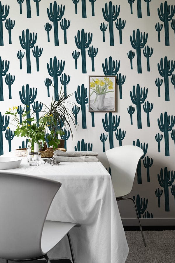 Vintage Green Cactus Wallpaper in dining room with white chairs, grey flooring, and contemporary desert decor.