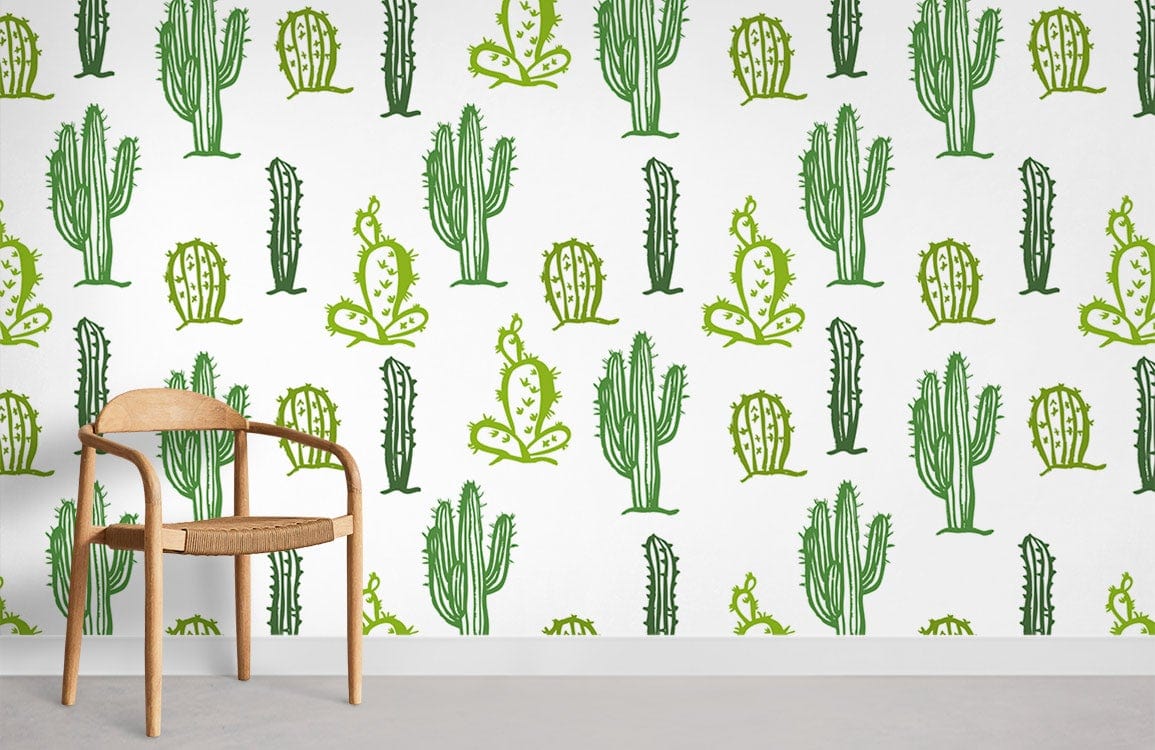 Green Cacti Wallpaper in modern room with wooden chair, grey flooring; whimsical desert interior design.