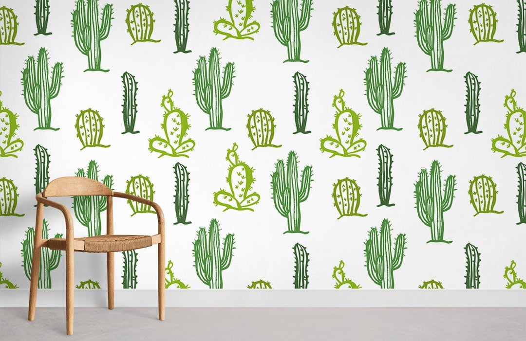 Green Cacti Wallpaper in modern room with wooden chair, grey flooring; whimsical desert interior design.