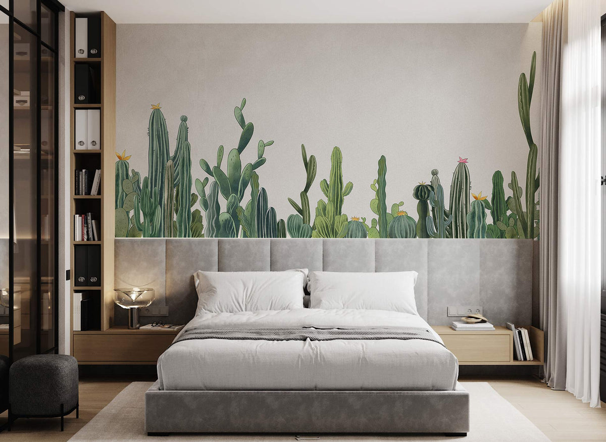 Modern bedroom with Vibrant Green Cactus wallpaper, grey bed, wooden flooring, and neutral walls.