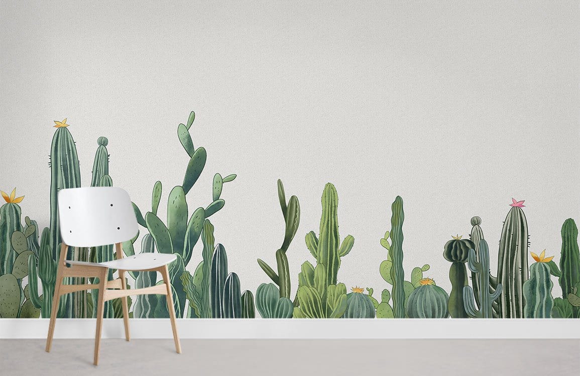 Vibrant Green Cactus Botanical Wallpaper Mural with modern chair, minimalist white walls, light wood flooring.