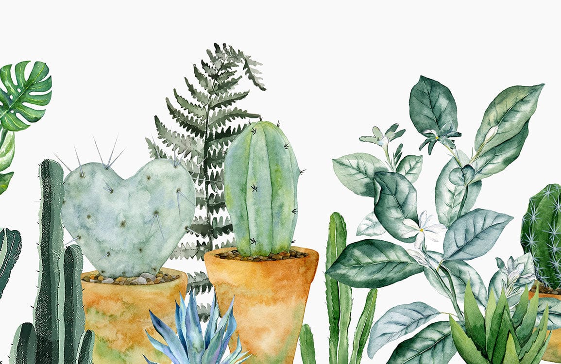 Botanical Oasis Watercolour Mural Wallpaper: Green Cactus and Ferns Design